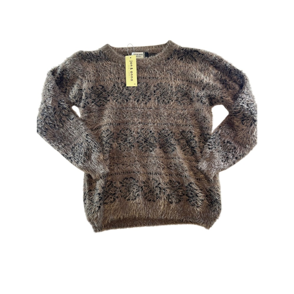 Jon & Anna Brown Black Fuzzy Eyelash Knit Animal‎ Print Crewneck Sweater NWT M